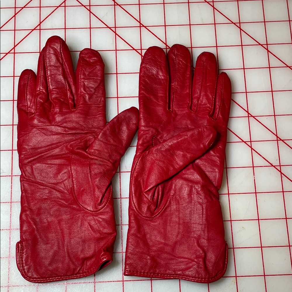 Red Leather Gloves with Pink Beanie and Knit Scarf - Picture 3 of 4